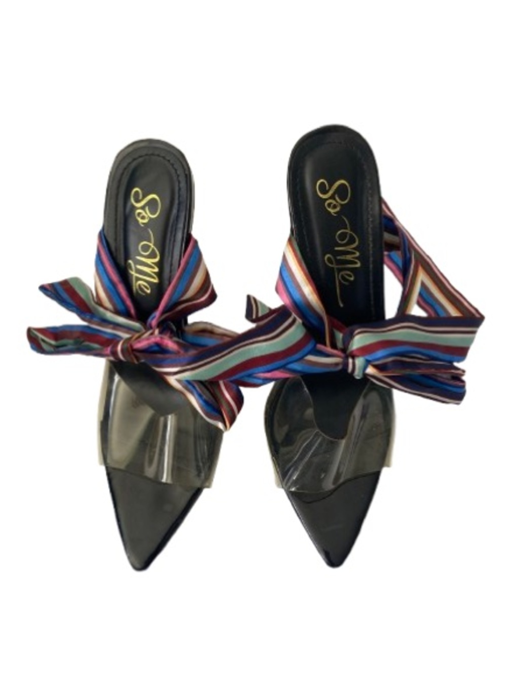 So Me Black Pointed Mule with Multicolor Striped Bow